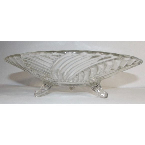 Vintage Clear 10" Glass Serving Bowl Swirl Spiral Pattern 3 Toed Footed Pedestal - Picture 3 of 10